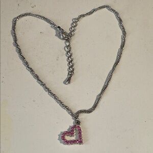 🐸 Heart Charm on Silver-tone Spiral Chain Anklet w/Barbie Pink Rhinestones